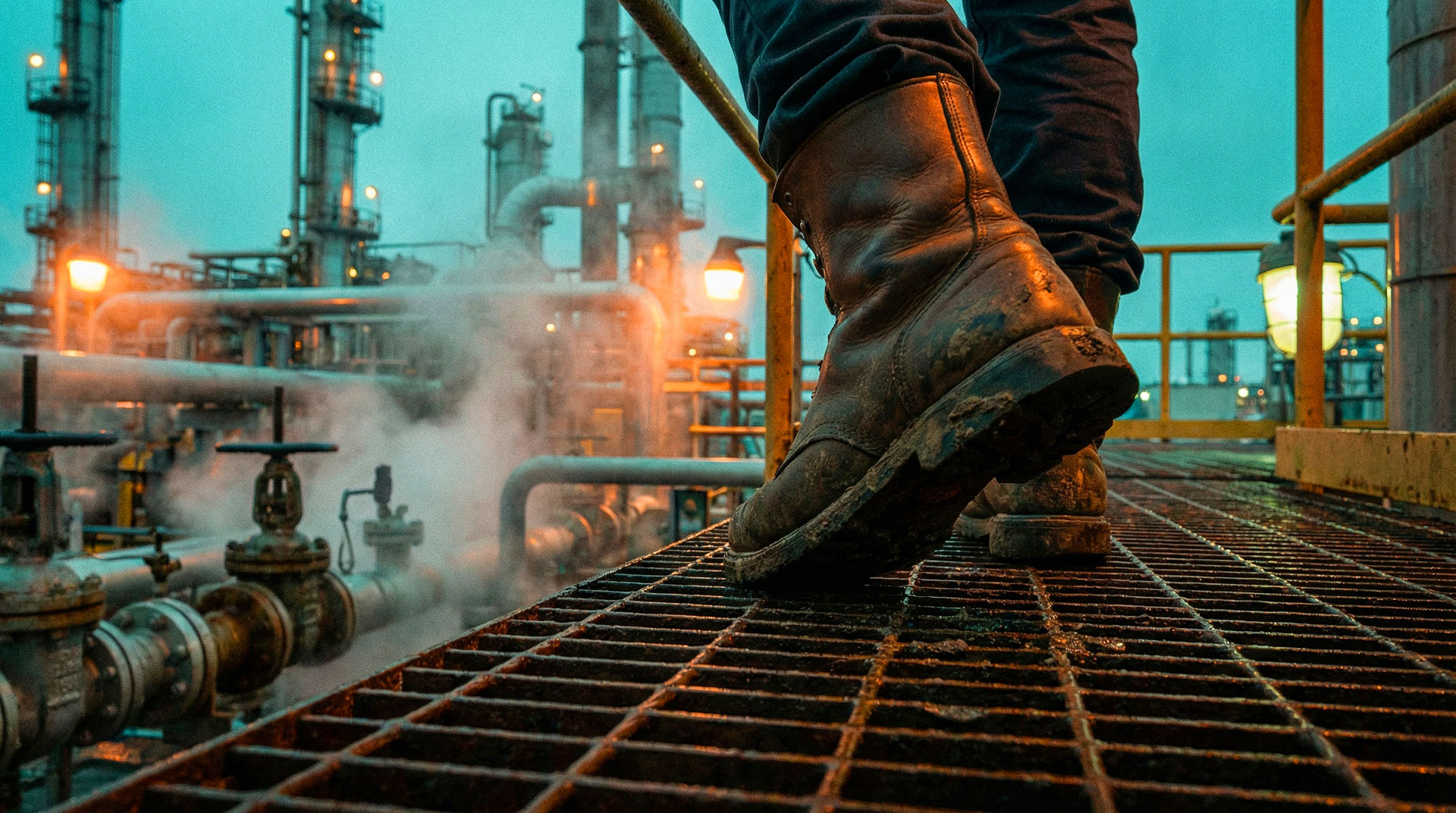 Worker in safety boots walking on steel grating at industrial oil refinery at night